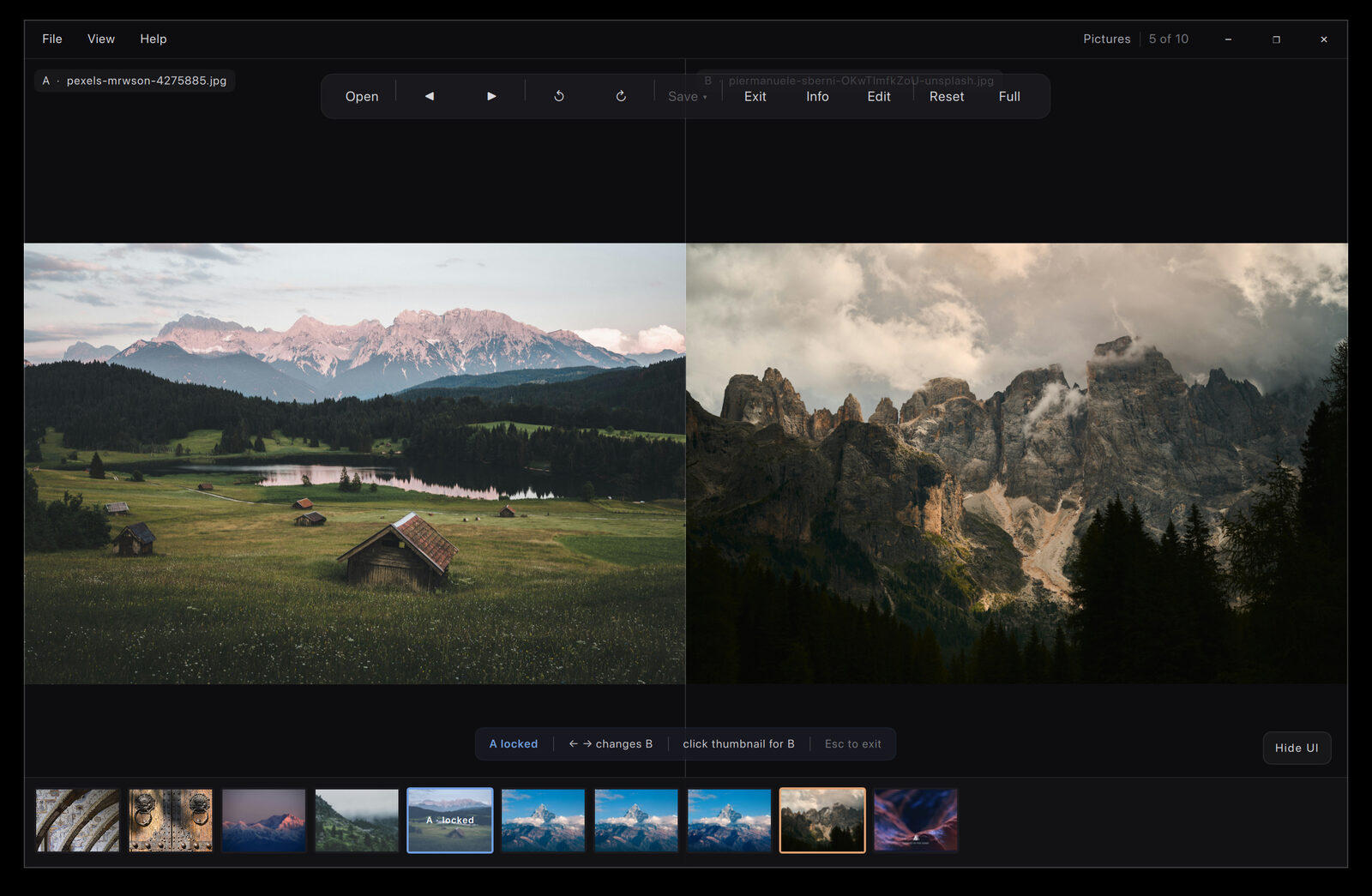 Skera in compare mode with two photographs side by side, labelled A and B