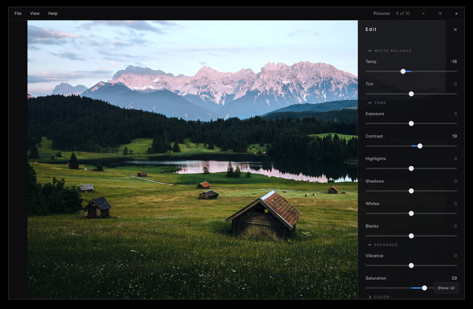 Skera's Edit panel open over a photograph, with Tone and Color sliders adjusted