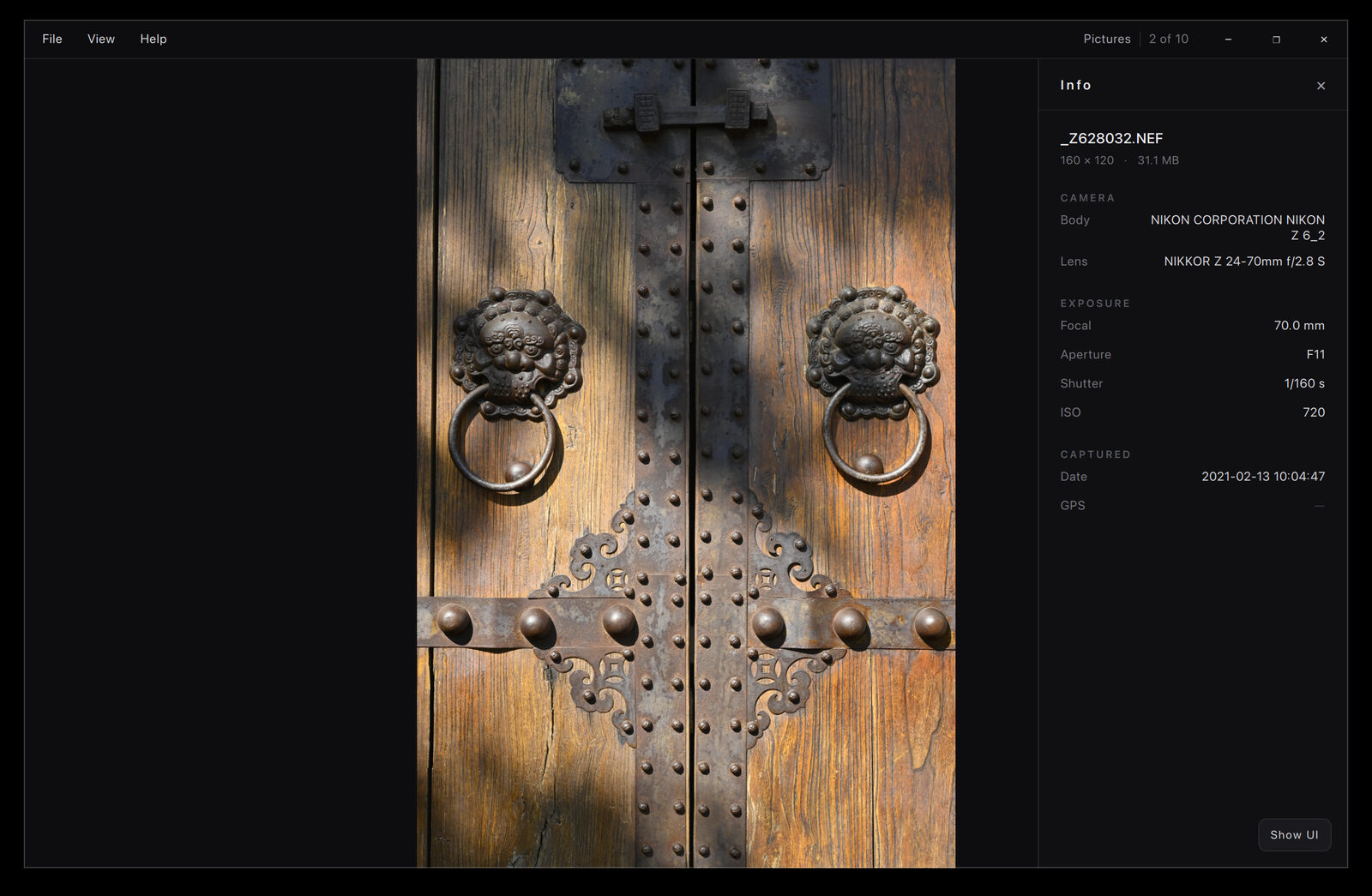 Skera's Info panel showing the full EXIF record for a Nikon NEF RAW file